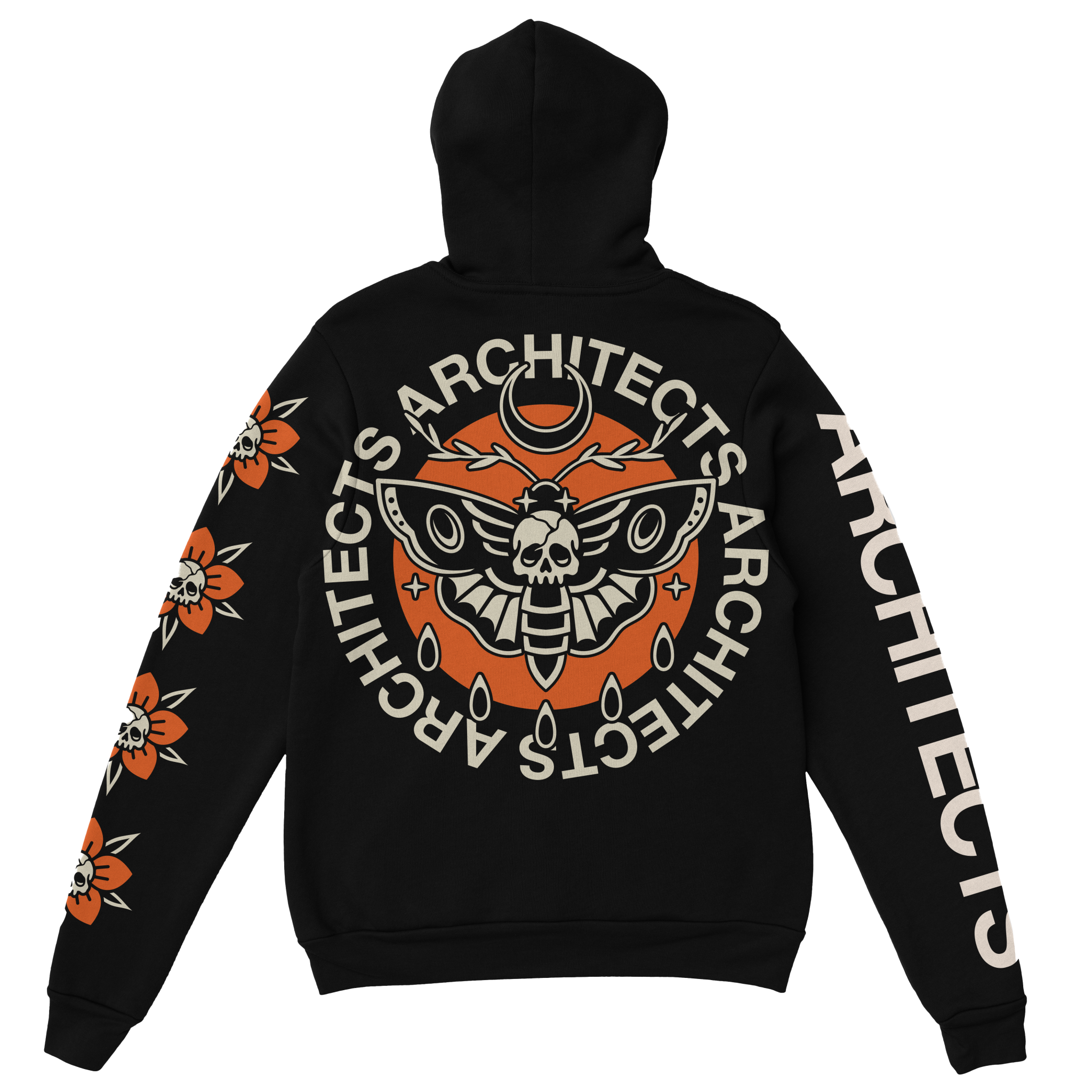 Black unisex hoodie with Architects moth print across the back, Architects text print along the right sleeve, and Architects flower skull print along the left sleeve