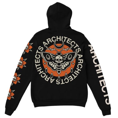 Black unisex hoodie with Architects moth print across the back, Architects text print along the right sleeve, and Architects flower skull print along the left sleeve